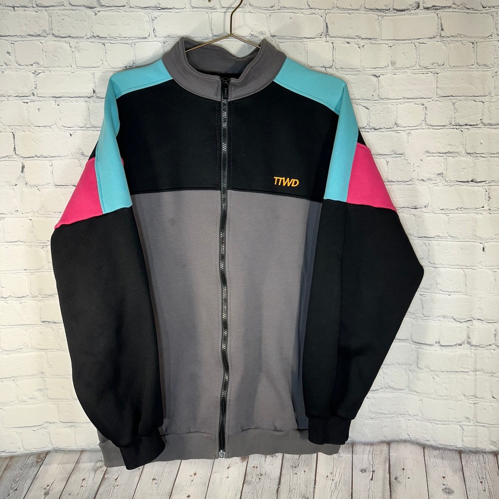 TTWD Mens Colorblock Full Zip Track Jacket XL Black Grey Teal Pink Streetwear